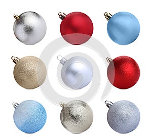 Set of different Christmas balls on white background