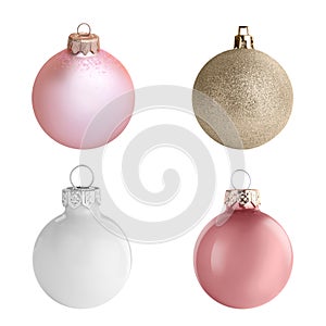 Set of different Christmas balls on white background