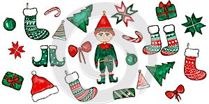 A set of different Christmas elements in green and red colors with a black outline on a white background. Watercolor.