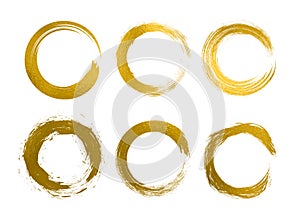 Set different circle brush strokes, hand drawn paint brush circle logo gold frame â€“ 