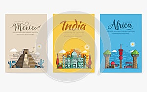 Set of different cities for travel destinations. Landmarks banner template of flyer, magazines, posters, book cover, banners.