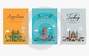 Set of different cities for travel destinations. Landmarks banner template of flyer, magazines, posters, book cover, banners.