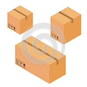 Set of different closed cardboard boxes on a pallet with a ribbon with road signs. Isometric composition concept. Isolated vector