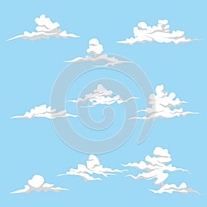 Set of 9 different cloud. Cartoon clouds isolated on blue sky panorama vector collection. Cloudscape in blue sky, white cloud