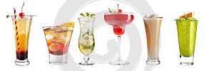 Set with different cocktails and strong drinks on a white background. Isolated