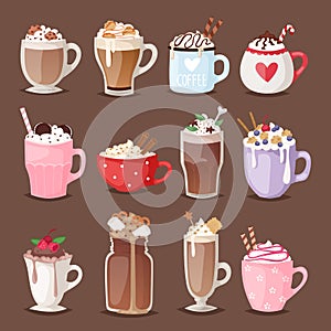 Set of different coffee cups types mug with foam beverage glasses vector illustration. photo