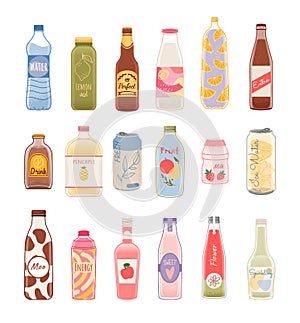 Set of different cold drinks in glass, plastic bottles, aluminum cans with colorful labels and packaging design. Soda