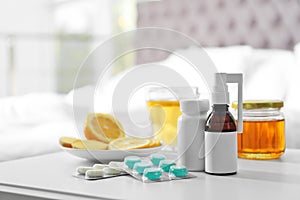 Set of different cold remedies on table