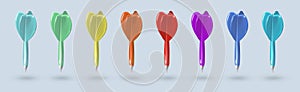 Set of different color darts isolated on a gray background. Realistic plastic darts. Vector