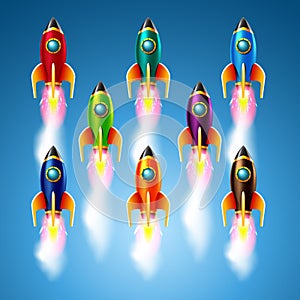 Set of different color rockets.Vector illustration