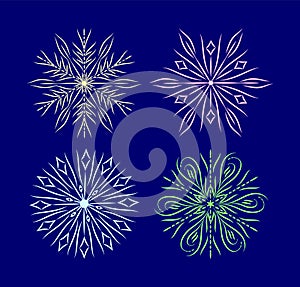 Set of different color snowflakes on blue background