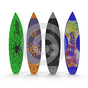 Set of different color surf boards on white 3D Illustration