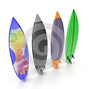 Set of different color surf boards on white 3D Illustration