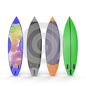 Set of different color surf boards on white 3D Illustration