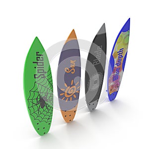 Set of different color surf boards on white 3D Illustration