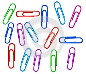 Set of different colored paperclips on a white background