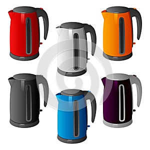 Set of different colored plastic electric kettles on a round base with a handle