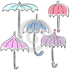 Set of different, colored umbrellas. Lines and color are used.