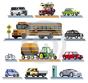 Set of different colored vehicles
