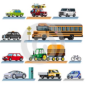 Set of different colored vehicles