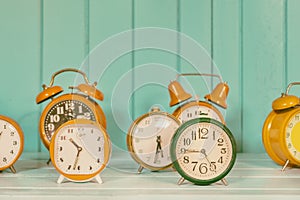 Set of different colorful alarm clocks