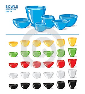 Set of different colorful empty bowls and crockery isolated on a white background. Kitchen objects