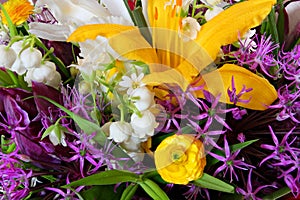 Set of different colorful flowers. Bouquet top view.