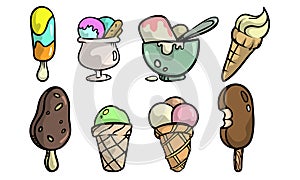 Set of different colorful ice cream, sweet cold food.Vector illustration in flat cartoon style.