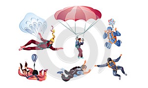 Set of different colorful skydivers. Vector illustration in flat cartoon style