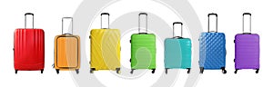 Set of different colorful suitcases on background. Banner design