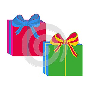 Set of different colorful wrapped gift boxes. Flat design. Beautiful present with bow. Symbol and icon for Christmas gift box. Iso