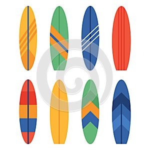 Set of different colourful surfboards. Summer surfing