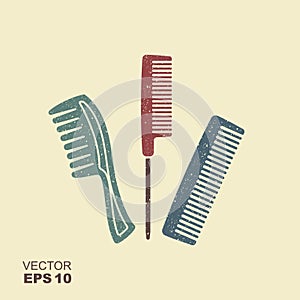 Set of different combs. Flat icon with scuffed effect in a separate layer