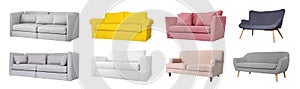 Set with different comfortable sofas on white background