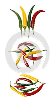 Set of different compositions of chili peppers isolated on white background