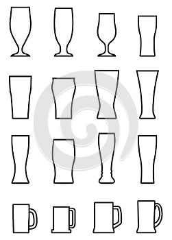 Set of different contour silhouettes beer glasses isolated on white background. Glass collection. Alcohol drinks glasses