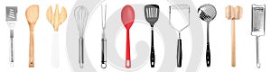 Set with different cooking utensils on background, banner design