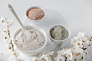 Set of different cosmetic clay mud powders on white background