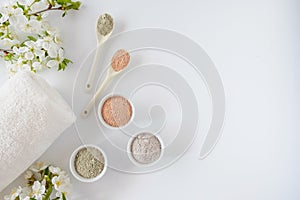 Set of different cosmetic clay mud powders on white background