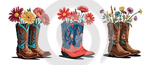 Set of different Cowboy boots with flowers.