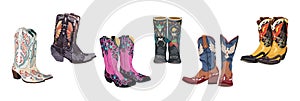 Set of different cowboy boots vector isolated.
