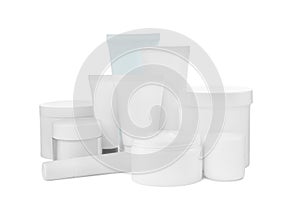 Set of different creams on white background