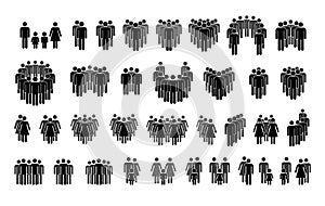 Set of different crowd silhouettes with simple person icon isolated on white