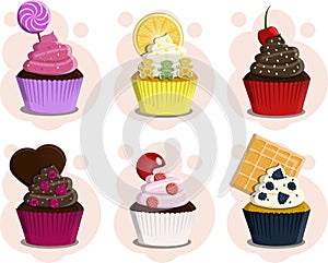 A set of different cupcakes with cream and topping. Poster of cakes with berries, chocolate, sweets, lollipops