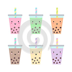 Set of different cups with bubble tea.