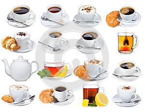 Set with different cups of coffee and tea