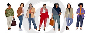 Set of different curvy women in office clothes.
