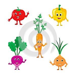 Set of different cute happy vegetable characters. Funny tasty vegetables, cartoon happy vegetable faces character set