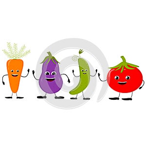 Set of different cute happy vegetable characters. Vector flat illustration isolated on white background.