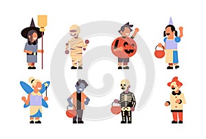 Set different cute kids wear monsters costume happy halloween concept party celebration isolated horizontal collection